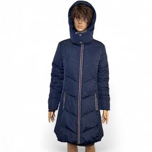 Tommy Hilfiger Navy Women's Extended Jacket Hem Hooded Puffer‎ Coat Small